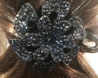 New Large 4'' L x 3'' W  With Dark Blue Sapphire Crystal  Floral Alligator Clip