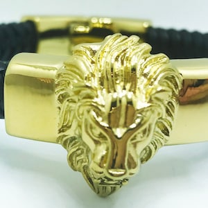 New Mens Braided Leather  9&#39;&#39; Band With Gold Stainless Steel Lion Head Design