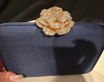 New Beautiful Navy  Satin  Hardshell With Gold Encrusted Crystal Rose Closure - Evening Clutch Handbag- Fits I-phone