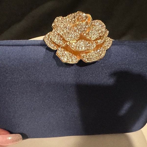 New Beautiful Navy  Satin  Hardshell With Gold Encrusted Crystal Rose Closure - Evening Clutch Handbag- Fits I-phone