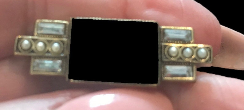 Estate Vintage Solid Sterling Silver And Genuine Black Onyx Gemstone Marcasite /& Pearls 1 12/'/' Pin