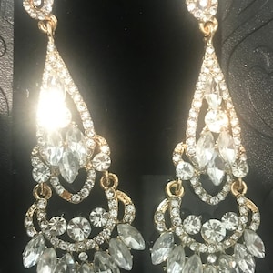New  Elegant CZ A+++  Gold And Clear Crystal & Rhinestone Chandelier 3 1/2'' Art Deco Pierced Earring