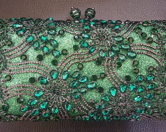 New Green Austrian Crystal Floral -Hard Shell Clutch Evening Minaudière Handbag- Fits Iphone