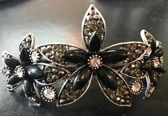 Vintage Elegant Black and Silver Hair Barrettes. 3” length and 3/4” wide Vintage Victorian French Barrette 80MM- Thick Hair Barrette  main image 4