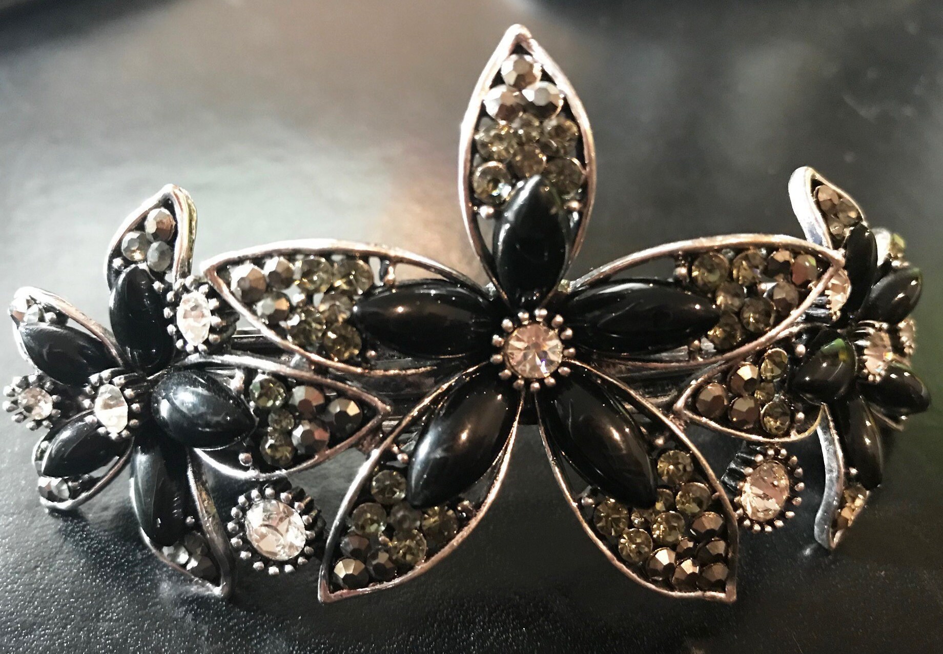New Triple Floral Antique Silver With Black Lacquer & CZ  display picture 2