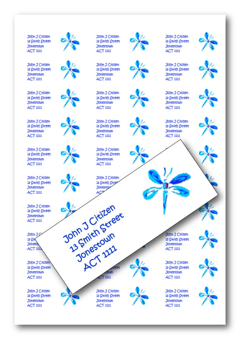 Aqua Dragonfly labels Custom return address labels insect dragonfly wildlife matte or gloss finish personalised