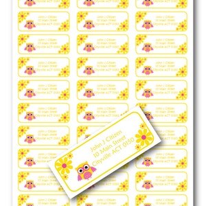 Yellow Pink Owl Custom return address labels design matte or gloss finish personalised