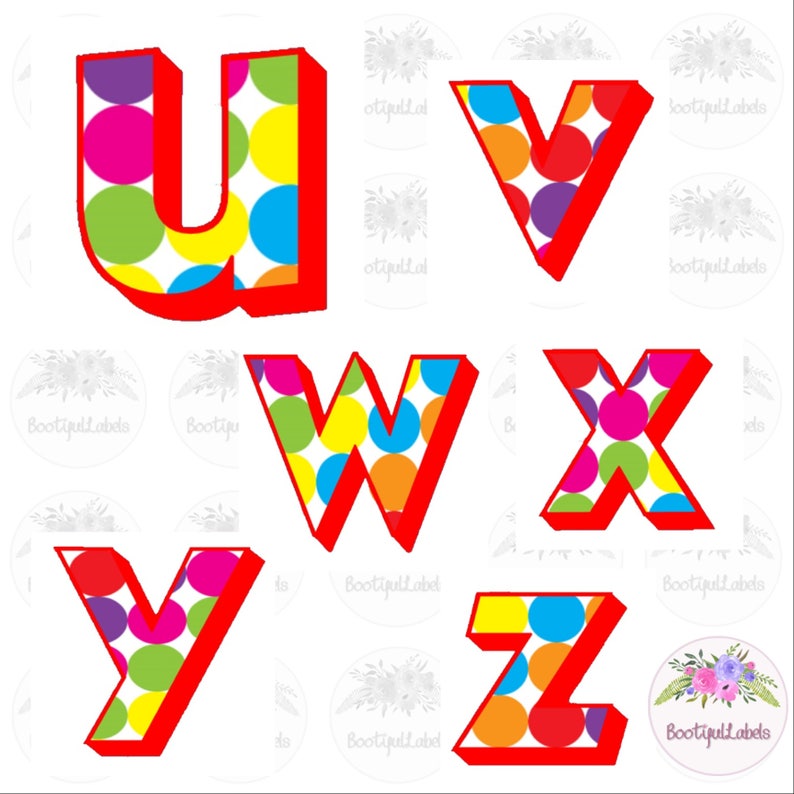 Digital download clipart alphabet bright colourful polka dots A to Z lower case letters rainbow letters png jpg clipart lower case letters