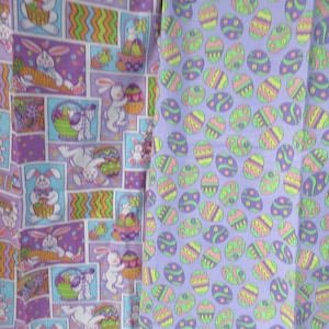 Easter Fabric has 2 pieces with bunnies and the other eggs both are purple multicolor and is great for your Easter srewing needs and is 1YD