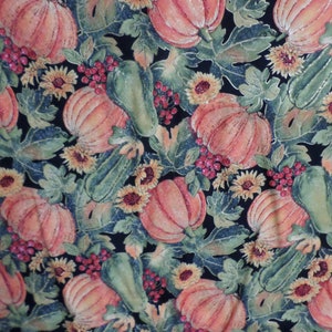 Fall  Harvest pumpkins sunflowers leaves MTB Fabric gold metallic vintage colorful fabric sold by the yard.
