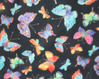 May include: A dark background is covered with a pattern of colorful butterflies. The butterflies vary in size and color, with hues of blue, orange, yellow, and purple. The wings have detailed patterns.