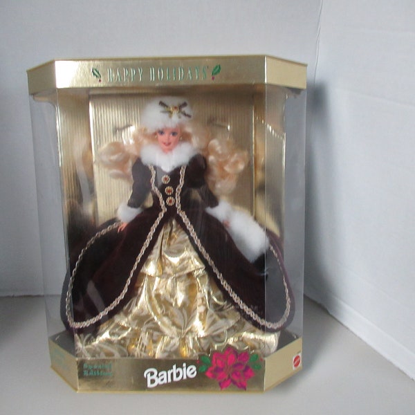 Barbie Mattel Happy Holidays 1996 Special Edition  Blonde hair Burgundy/Gold  dress Barbie Doll Brand new in box