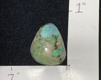 Può includere: Una gemma lucida a forma di goccia, lunga circa 2,5 cm, con una miscela di tonalità turchese, verdi e marroni. La pietra ha una superficie liscia e arrotondata e un aspetto naturale e terroso. La gemma è posta su uno sfondo nero.