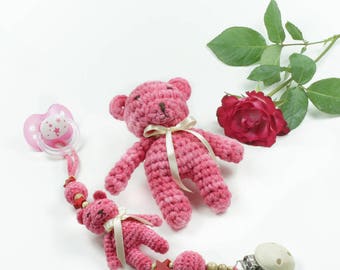 Pacifier chain and bear mottled pink pacifier strap