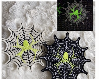 Glow-in-the-Dark Spider Patch – Spider Web Embroidery on Wool Felt, 4&quot;x4&quot;, Stylish Applique for Jackets, Bags & DIY