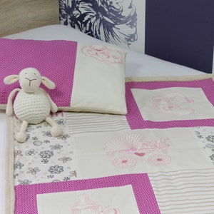 Baby blanket with pillow: patchwork blanket with magical embroidery baby motifs, birth blanket in pink