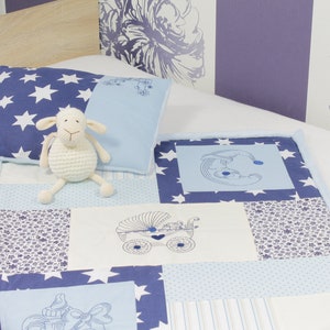 Baby blanket with pillow in blue: patchwork blanket with magical embroidery baby motifs, birth blanket