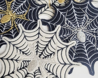 Spider Web Patch – Metallic Gold or Silver Thread on Wool Felt – 4&quot;x4&quot; Elegant Applique for Clothing, Bags & DIY