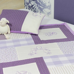 Baby blanket with pillow: patchwork blanket with magical embroidery baby motifs, birth blanket in lavender