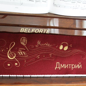 Piano runner in burgundy wool felt with gold embroidery & name | Personalized gift for musician | Handmade keyboard cover