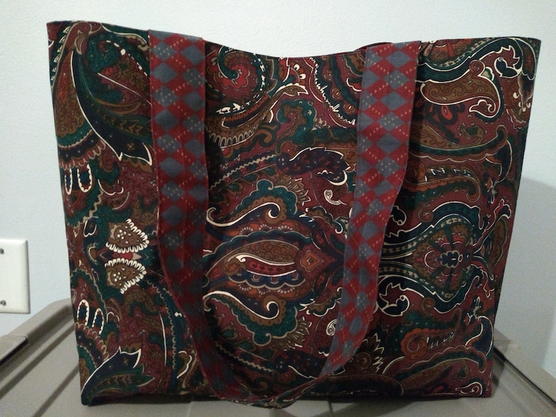 Dark Red Paisley Plaid Reusable Tote Bag with Snap Closure