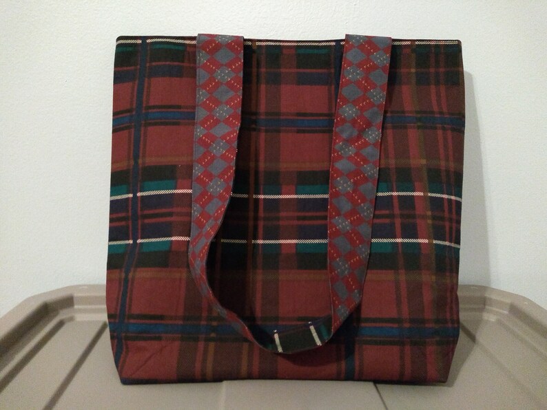 Dark Red Paisley Plaid Reusable Tote Bag with Snap Closure