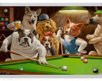 dogs playing pool on black velvet
