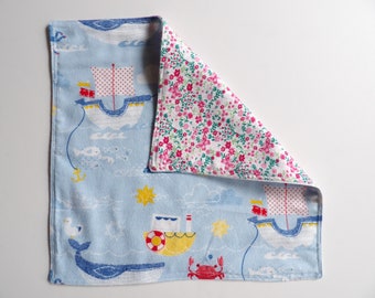 12 in x 12 in Reversible Ocean Floral Kids Cotton Flannel Lunch Cloth Napkin-Noa