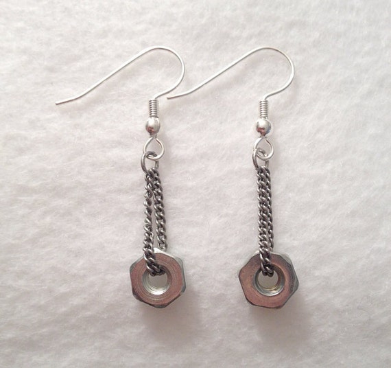 Items similar to Silver Dangle Nut and Bolt Earrings Hardware Jewelry