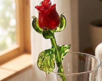 Hand Blown Red Glass Rose - Mothers day Gift for Her - Eternal Flower Gift, Romantic Home Decor