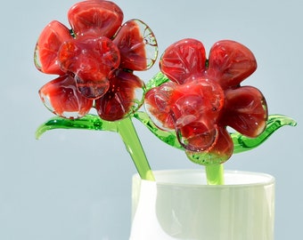 赤いガラスの花、手吹きガラスの花、ガラスの花束、誕生月の花のガラス