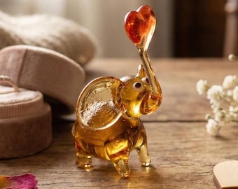 Handmade Yellow Glass Elephant Figurine With Heart - Romantic Valentine’s Day Gift - Blown Glass Animal Desk Decor