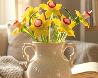 Glazen narcis, narcis cadeau, bloem geboorte maand maart, bloem geboortemaand glas, handgeblazen glaskunst, boeket glasbloemen, verjaardagscadeaus