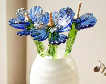 Blue Cornflower, Glass Birth Flower, Blue Glass Flowers, Blown Glass Flowers Bouquet, Birthday Gifts, Hand Blown Glass Art, Spring Decor