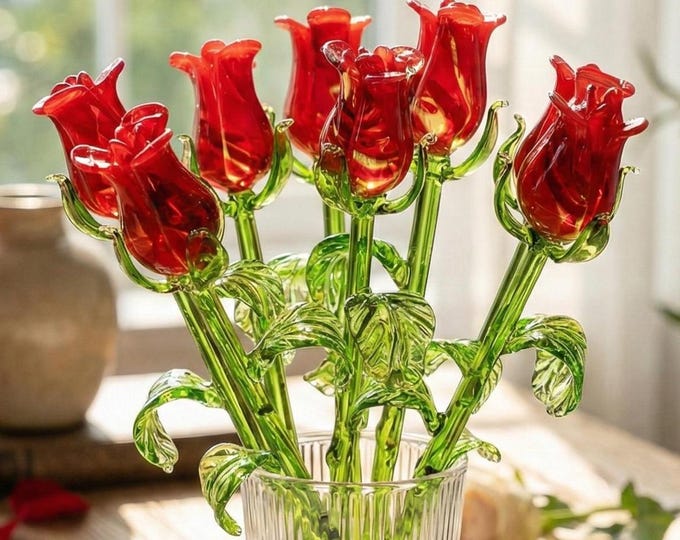 赤いガラスのバラの花 – 永遠のバラの花束 – 手吹きアート彫刻 – 永遠