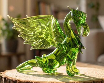 緑色のガラス製ドラゴンの像、ガラス彫刻、ファンタジー装飾、ドラゴン