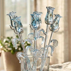 Roses en verre - Rose en verre soufflé à la main - Bouquet de fleurs en verre - Fleurs en verre transparent - Cadeaux pour la fête des Mères pour elle