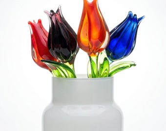 Glass Tulip Flowers, Blown Glass Flowers Bouquet - Glass Birth Month Flower - Tulip Glass Flowers with Stems - Birthday Day Gift for Her