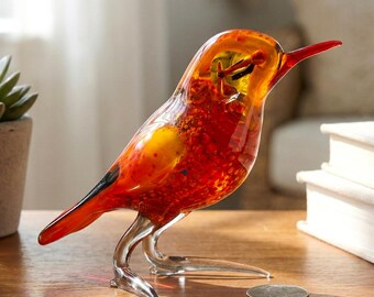 手作りのオレンジ色の鳥、ガラスの鳥の置物、鳥の彫刻、鳥の装飾、鳥
