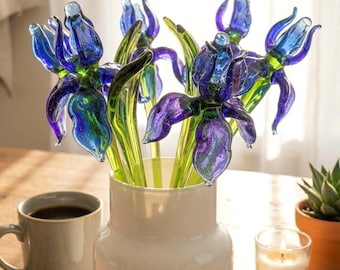 Blue Glass Iris, Glass Flowers, Glass Birth Month Flower, Blown Glass Flower Bouquet, Desk Decor For Women, Birthday Gift, Anniversary Gift