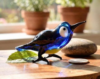 ムラーノガラスの鳥、青い鳥の置物、ガラス製の動物の置物、鳥の彫刻