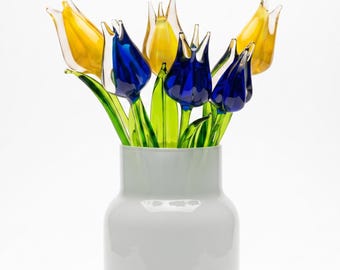 Glass Tulip Bouquet, Hand Blown Glass Flowers, Blue-yellow-clear Beautiful Tulips Bouquet, Glass Flowers Bouquet, Blown Glass Flowers