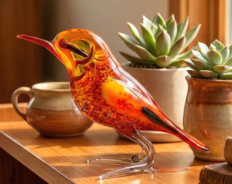 手作りのオレンジ色の鳥、ガラスの鳥の置物、鳥の彫刻、鳥の装飾、鳥