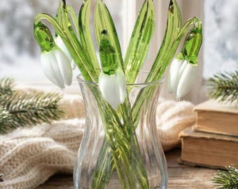 Campanilla de invierno de cristal, flor de nacimiento de enero - Regalo de campanilla de invierno para ella - Flor de campanilla de invierno - Ramo de flores de cristal soplado con tallos - Regalos de cumpleaños
