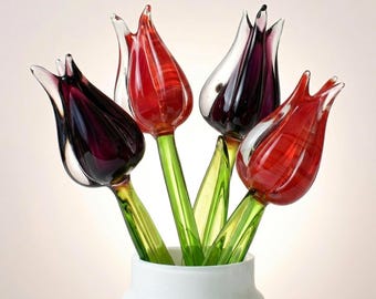 Glass Tulip Flowers, Blown Glass Flowers Bouquet - Glass Birth Month Flower - Tulip Glass Flowers with Stems - Birthday Day Gift for Her