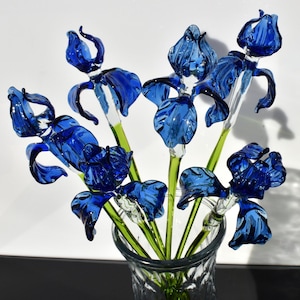Hand Blown Glass Iris Flower 15'', Blown Glass Blue Iris Stem, Realistic Floral Art, Handmade Glass Birthday Gifts Decor & Unique Gift
