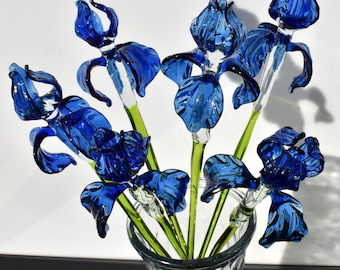 Hand Blown Glass Iris Flower 15'', Blown Glass Blue Iris Stem, Realistic Floral Art, Handmade Glass Mothers Day Gifts Decor & Unique Gift