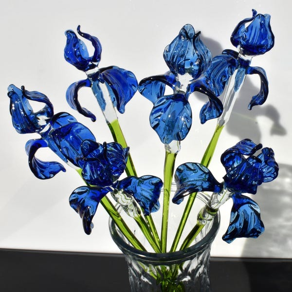 Hand Blown Glass Iris Flower 15'', Blown Glass Blue Iris Stem, Realistic Floral Art, Handmade Glass Mothers Day Gifts Decor & Unique Gift