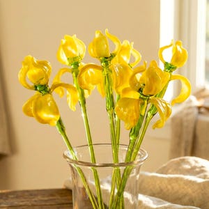 Preciosa flor de iris de vidrio amarillo de tallo extra largo. Una excelente adición a su colección de vidrio. Cada flor tiene un precio individual.