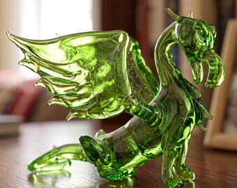 Green Glass Dragon Statue, Glass Sculpture, Fantasy Decor, Dragon Gifts, Dragon Decor, Fantasy Art, Blown Glass Animals, Statue